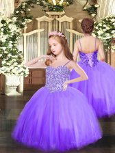 Hot Selling Ball Gowns Pageant Dress Wholesale Lavender Spaghetti Straps Tulle Sleeveless Floor Length Lace Up