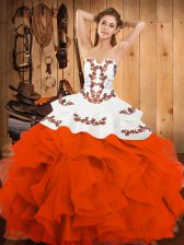  Orange Red Sleeveless Floor Length Embroidery and Ruffles Lace Up Quinceanera Dresses