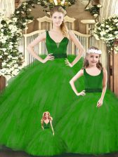  V-neck Sleeveless Zipper Quinceanera Gowns Green Organza