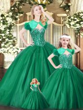 Amazing Beading Sweet 16 Dresses Green Lace Up Sleeveless Floor Length