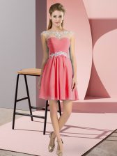  Watermelon Red Empire Beading Dress for Prom Lace Up Chiffon Cap Sleeves Mini Length