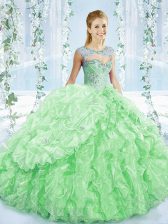  Apple Green Organza Lace Up Sweet 16 Dress Sleeveless Brush Train Beading and Ruching