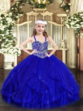  Straps Sleeveless Tulle Evening Gowns Beading and Ruffles Lace Up