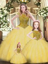 Elegant Sleeveless Floor Length Beading and Ruffles Lace Up Sweet 16 Quinceanera Dress with Gold