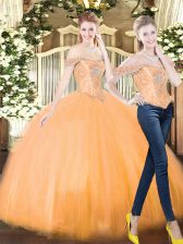 Perfect Sleeveless Organza Floor Length Lace Up Quince Ball Gowns in Orange Red with Beading and Ruffles