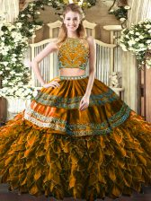 Popular Brown Two Pieces Beading and Ruffles Sweet 16 Dresses Zipper Tulle Sleeveless Floor Length