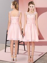 Delicate Baby Pink Empire Chiffon Scoop Sleeveless Appliques Knee Length Zipper Vestidos de Damas