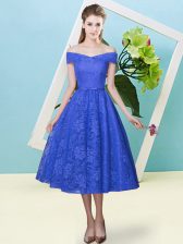 Dramatic Cap Sleeves Tea Length Bowknot Lace Up Quinceanera Court of Honor Dress with Blue