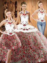  Halter Top Sleeveless Sweep Train Lace Up Sweet 16 Dresses Multi-color Fabric With Rolling Flowers