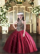  Wine Red Tulle Lace Up Halter Top Sleeveless Floor Length Pageant Gowns For Girls Beading