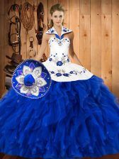Affordable Blue And White Halter Top Neckline Embroidery and Ruffles Quinceanera Gown Sleeveless Lace Up