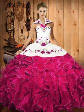 Glamorous Satin and Organza Sleeveless Floor Length Quince Ball Gowns and Embroidery and Ruffles