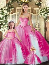  Hot Pink Organza Lace Up Sweetheart Sleeveless Floor Length Quinceanera Dress Beading and Ruffles