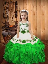  Straps Sleeveless Little Girl Pageant Gowns Floor Length Embroidery and Ruffles Green Organza