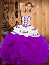Flare Satin and Organza Sleeveless Floor Length Ball Gown Prom Dress and Embroidery and Ruffles