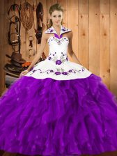 Clearance Floor Length Lace Up Quinceanera Gown Eggplant Purple for Military Ball and Sweet 16 and Quinceanera with Embroidery and Ruffles