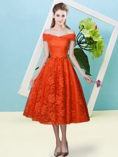 Modern Tea Length Lace Up Vestidos de Damas Rust Red for Prom and Party and Wedding Party with Bowknot
