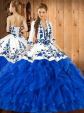 New Style Blue Satin and Organza Lace Up Sweetheart Sleeveless Floor Length Vestidos de Quinceanera Embroidery and Ruffles