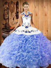  Lavender Ball Gowns Halter Top Sleeveless Fabric With Rolling Flowers Floor Length Lace Up Embroidery Vestidos de Quinceanera