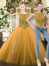 Discount Sleeveless Tulle Floor Length Zipper Sweet 16 Dress in Olive Green with Beading