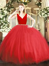 Custom Fit Red V-neck Zipper Beading Quinceanera Dress Sleeveless