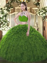 Delicate Dark Green Two Pieces Tulle High-neck Sleeveless Beading and Ruffles Floor Length Backless 15 Quinceanera Dress