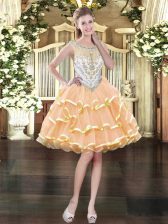 Custom Designed Mini Length Zipper Prom Party Dress Peach for Prom and Party with Beading and Ruffled Layers