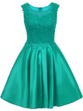 Adorable Turquoise Satin Zipper Scoop Sleeveless Mini Length Vestidos de Damas Lace