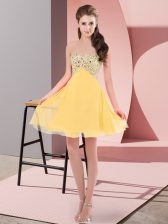 Affordable Gold Empire Chiffon Sweetheart Sleeveless Beading Mini Length Lace Up Dress for Prom