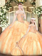 Affordable Sleeveless Lace Up Floor Length Beading and Ruffles Quince Ball Gowns