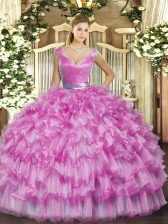 Custom Design V-neck Sleeveless Organza Sweet 16 Dress Ruffled Layers Zipper