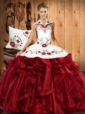 Cheap Ball Gowns Vestidos de Quinceanera Wine Red Halter Top Organza Sleeveless Floor Length Lace Up