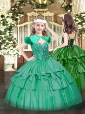  Turquoise Straps Lace Up Beading and Ruffled Layers Pageant Dress Womens Sleeveless