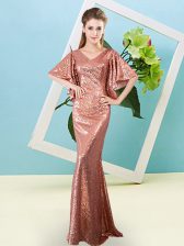 Elegant Rust Red Sequined Zipper V-neck Half Sleeves Floor Length Evening Dress Sequins