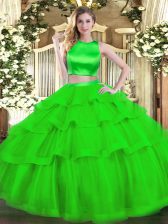 Noble High-neck Sleeveless Tulle Quince Ball Gowns Ruffled Layers Criss Cross