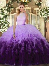 Pretty High-neck Sleeveless Ball Gown Prom Dress Floor Length Ruffles Multi-color Tulle