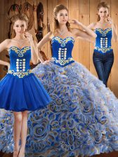 Wonderful Multi-color Satin and Fabric With Rolling Flowers Lace Up Quinceanera Gown Sleeveless With Train Sweep Train Embroidery