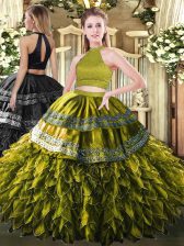 Cheap Olive Green Ball Gowns Beading and Embroidery and Ruffles Sweet 16 Quinceanera Dress Backless Satin and Organza Sleeveless Floor Length