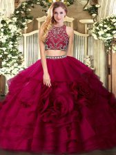 Classical Fuchsia Tulle Zipper High-neck Sleeveless Floor Length Sweet 16 Dresses Beading and Ruffled Layers