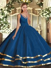  Blue Ball Gowns Ruching 15 Quinceanera Dress Backless Tulle Sleeveless Floor Length