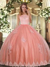 High End Floor Length Watermelon Red 15 Quinceanera Dress Tulle Sleeveless Lace and Appliques