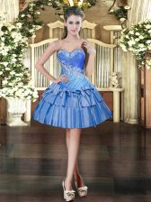 Fabulous Baby Blue Ball Gowns Beading and Ruffled Layers Dress for Prom Lace Up Organza Sleeveless Mini Length