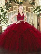  Wine Red Two Pieces Ruffles 15 Quinceanera Dress Zipper Organza Sleeveless Floor Length