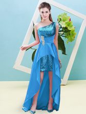 Best Selling One Shoulder Sleeveless Evening Dress High Low Beading and Sequins Baby Blue Elastic Woven Satin and Sequined