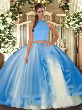  Halter Top Sleeveless Backless Quince Ball Gowns Light Blue Tulle