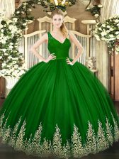  V-neck Sleeveless Backless Sweet 16 Quinceanera Dress Green Tulle