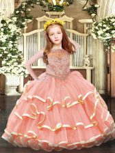 Classical Watermelon Red Sleeveless Floor Length Beading and Ruffled Layers Zipper Pageant Dress for Womens