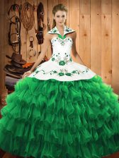  Long Sleeves Satin and Organza Floor Length Lace Up Sweet 16 Quinceanera Dress in Green with Embroidery and Ruffled Layers