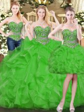  Sleeveless Floor Length Beading and Ruffles Lace Up Quinceanera Dresses with Green