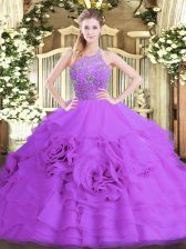 Pretty Eggplant Purple Halter Top Zipper Beading and Ruffled Layers 15th Birthday Dress Sleeveless